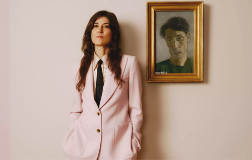 Bella Freud portrait in suit pink pastel color